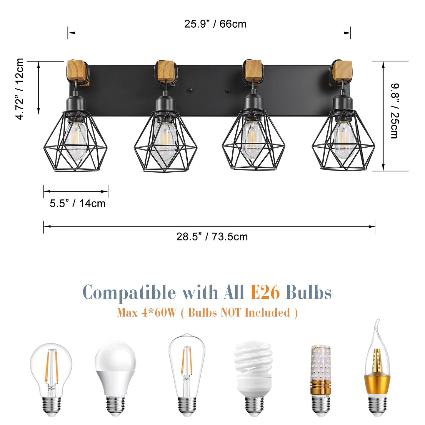 4 Light Farmhouse Vanity Light for Bathroom, Wood Bathroom Vanity Light Fixtures Over Mirror, Rustic Sconces Wall Lighting with Metal Lampshade for Living Room, Bedroom, Hallway