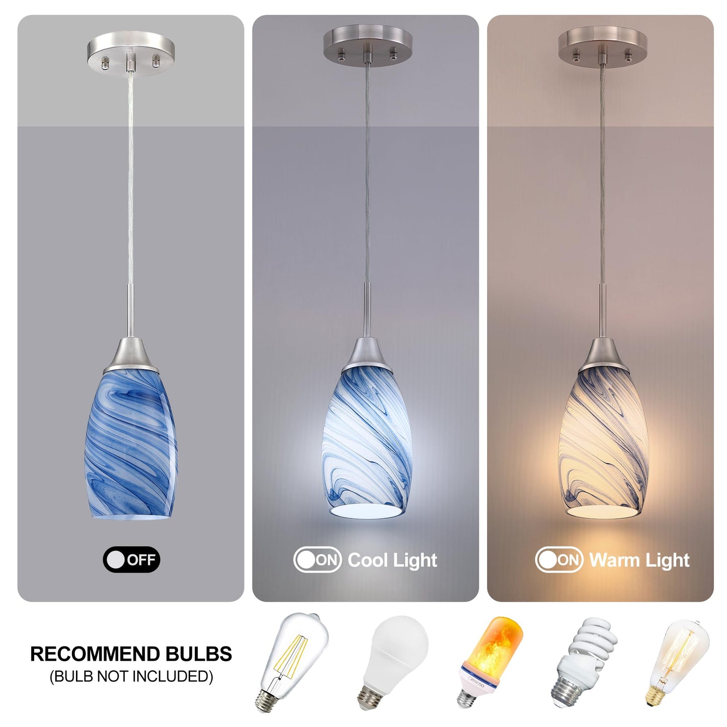 Viinew Glass Pendant Light with Handblown Dark Blue Marble Art Glass Shade Ceiling Light 3-Pack Mini Hanging Pendant Light for Kitchen Island,Dining Room,Living,Foyer,Hallway