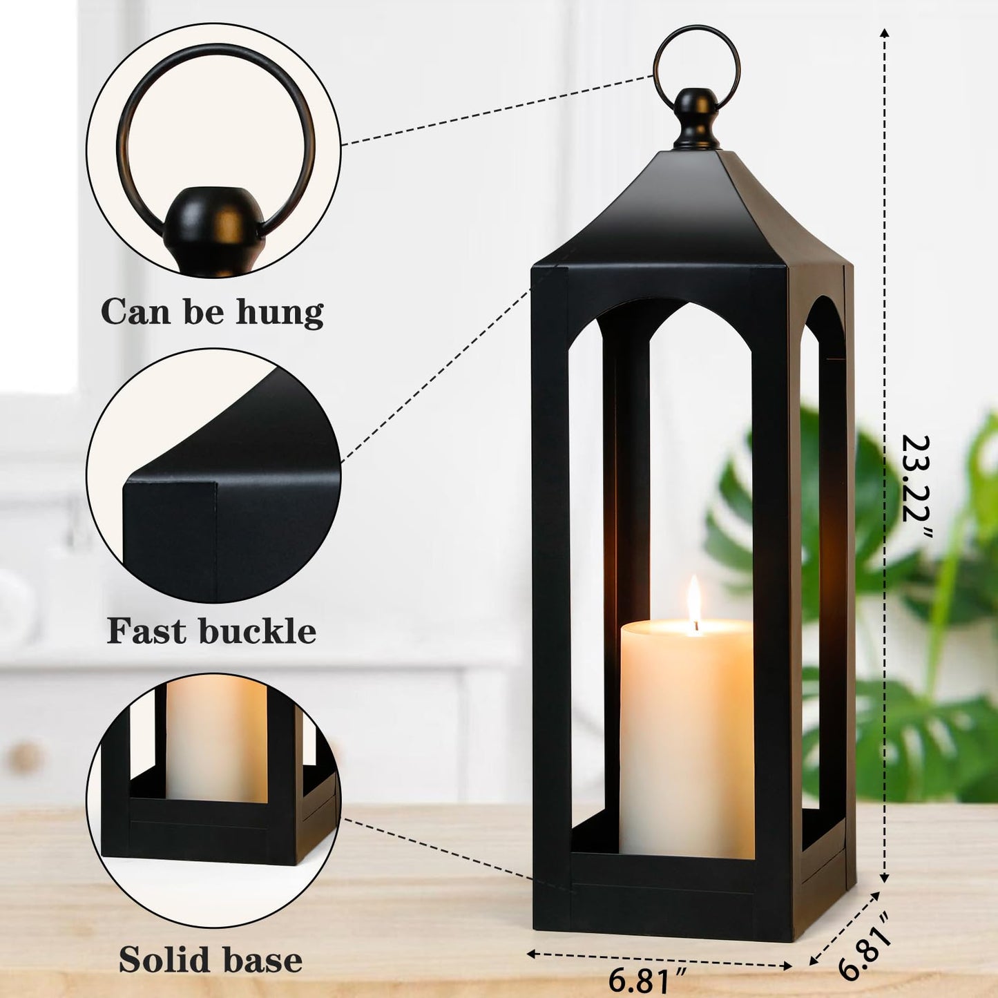 Modern Farmhouse Lantern Decor, Black Metal Decorative Hanging Candle Lanterns Ideal for Home Decor, Parties & Events, 21.2" High (No Glass Panel)