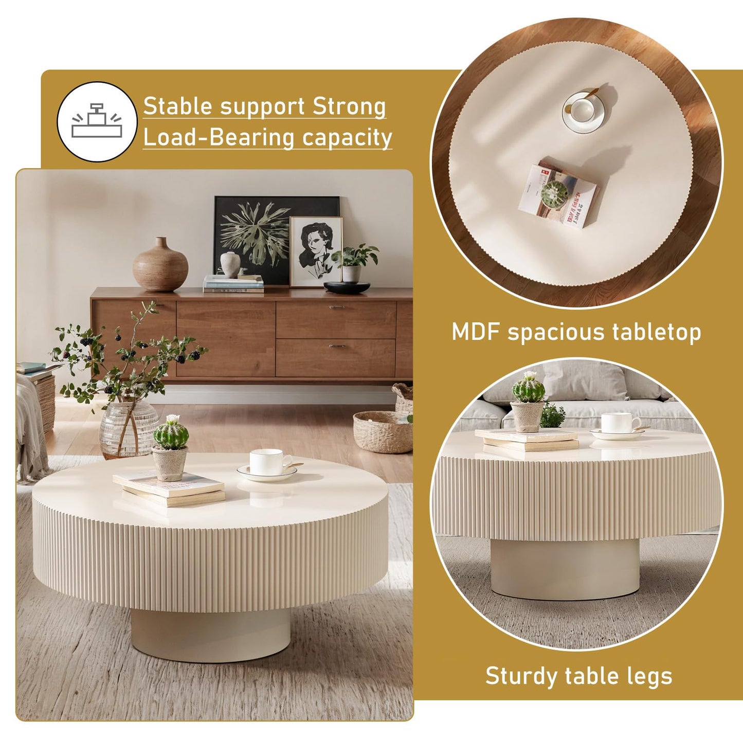 Round Drum Coffee Table 30.91" Handcrafted Fluted Drum Coffee Table Mid Century Accent Tables Modern Luxury Circle Center Table Vintage Farmhouse Center Table for Living Room (White Thick)