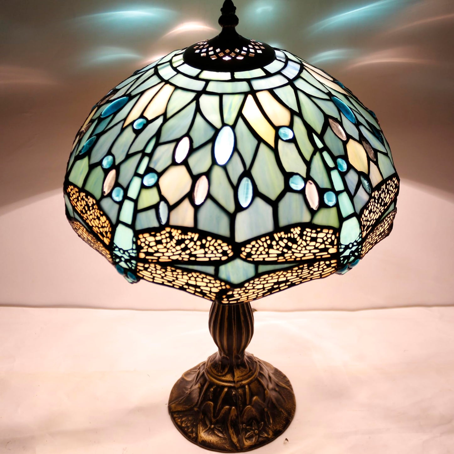 WERFACTORY Tiffany Lamp Sea Blue Stained Glass Table Lamp 12X12X18 Inches Dragonfly Style Desk Reading Light S147 Series