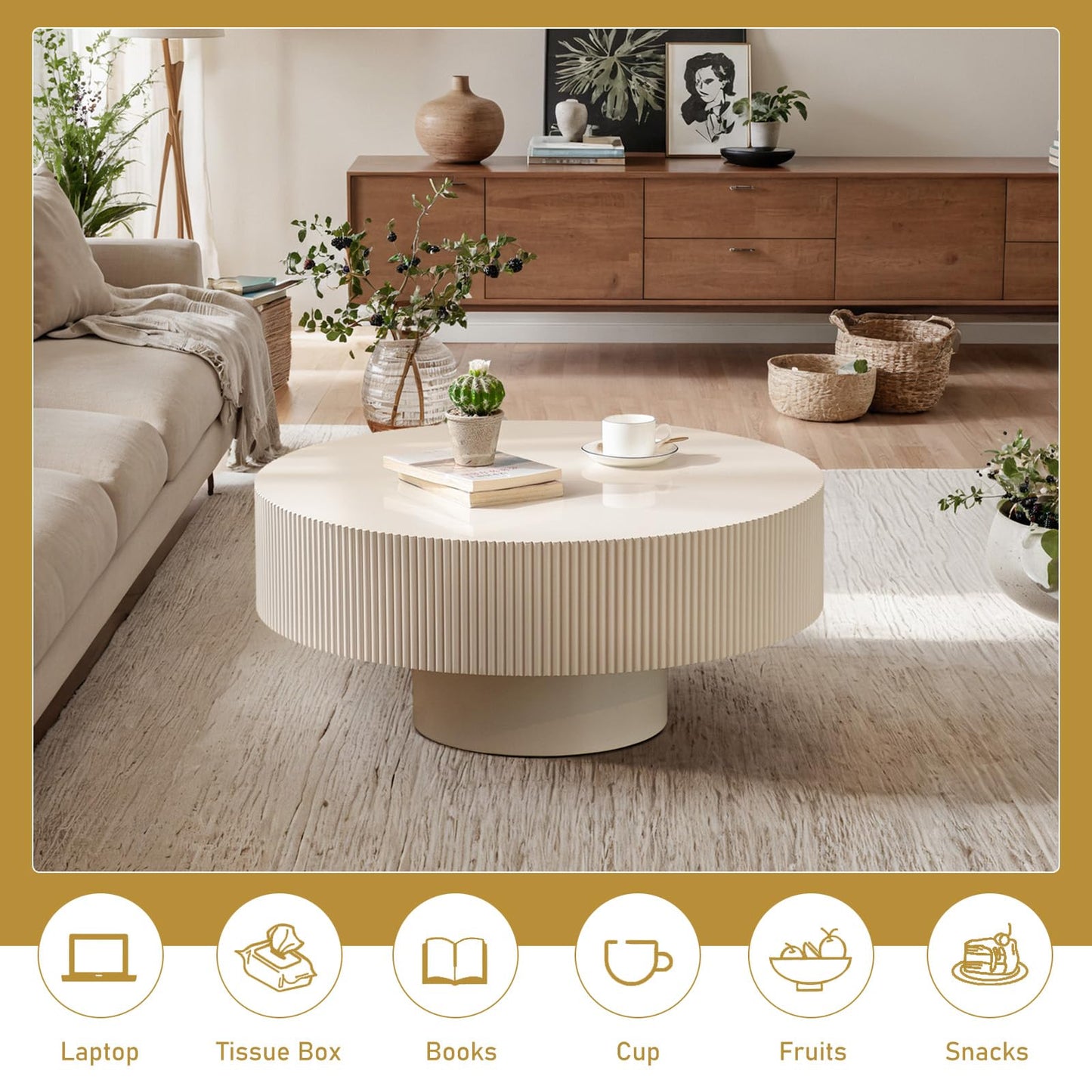 Round Drum Coffee Table 30.91" Handcrafted Fluted Drum Coffee Table Mid Century Accent Tables Modern Luxury Circle Center Table Vintage Farmhouse Center Table for Living Room (White Thick)