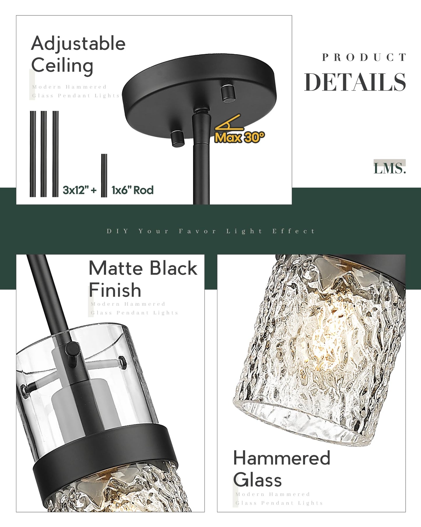 LMS 2-Pack Modern Matte Black Pendant Light, Adjustable Hanging Pendant Lighting with Hammered Glass, Tiltable Pendant Lighting for Kitchen Island, Bathroom, Bedroom, LMS-201