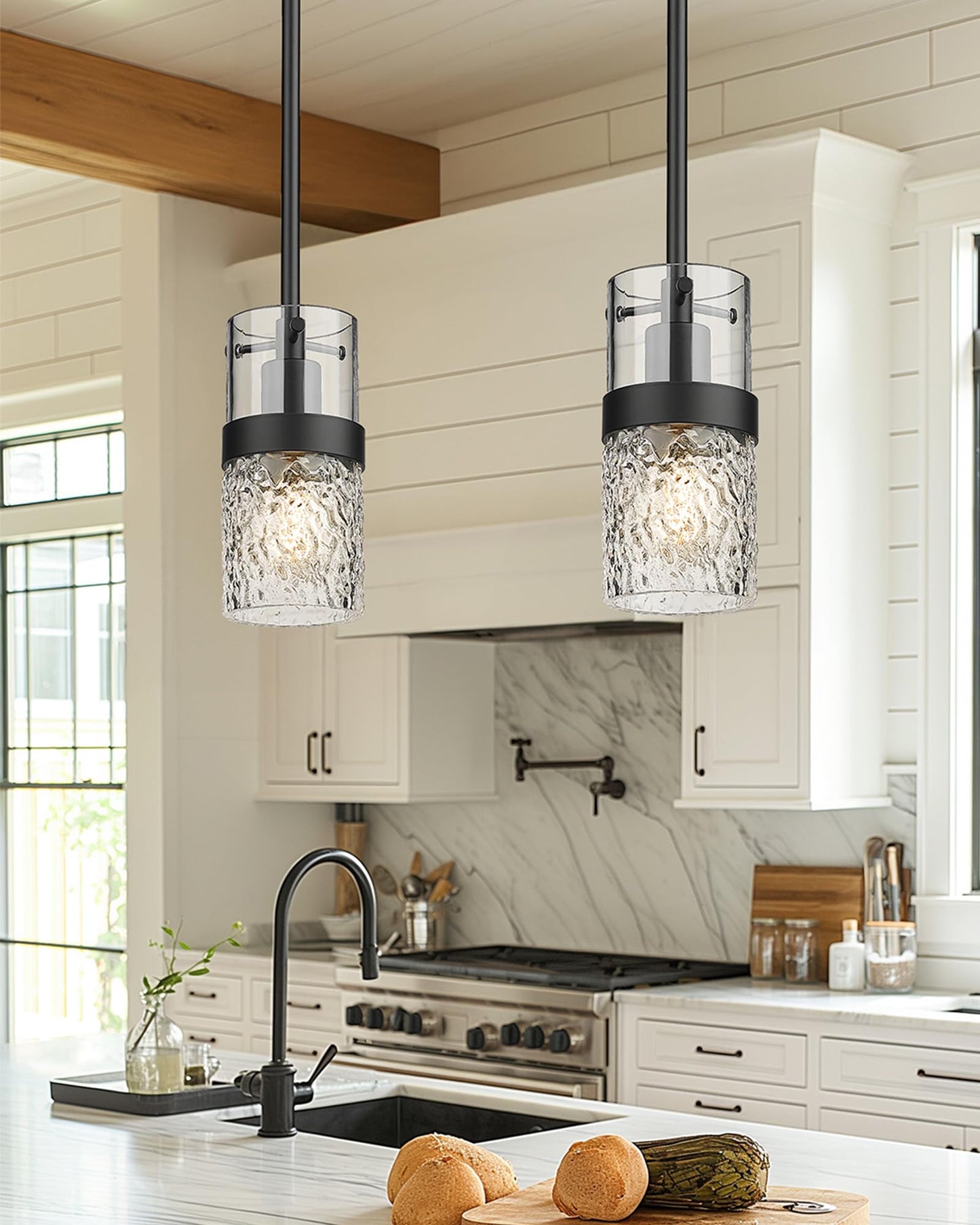 LMS 2-Pack Modern Matte Black Pendant Light, Adjustable Hanging Pendant Lighting with Hammered Glass, Tiltable Pendant Lighting for Kitchen Island, Bathroom, Bedroom, LMS-201