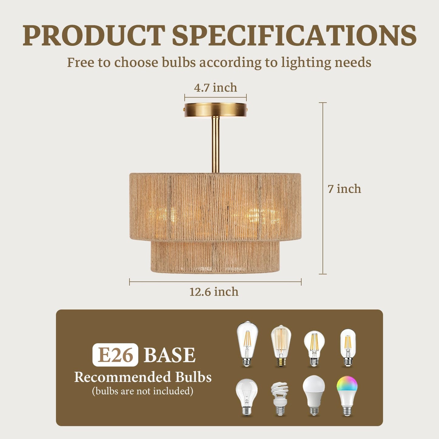3-Light Boho Light Fixtures Ceiling Mount,12.6'' Rattan Semi Flush Mount Ceiling Light Fixture,Coastal Hemp rope Drum Light Fixtures with 2-Tier Shade, Farmhouse Light Fixture for Bedroom Hallway