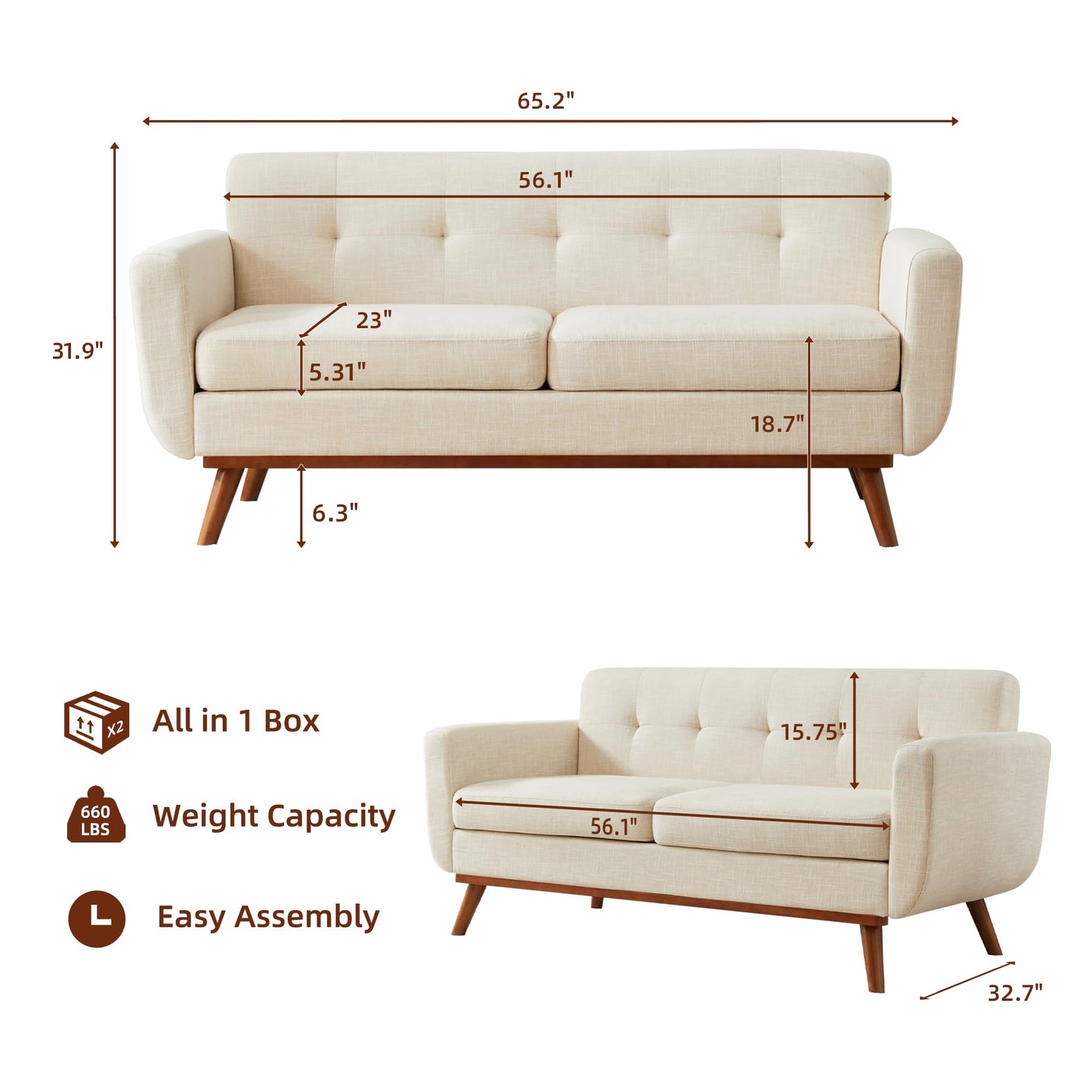 Kingfun 65.2" W Loveseat Sofa, Mid Century Modern Decor Love Seat Couches for Living Room, Button Tufted Upholstered Furniture, Solid & Easy to Install Small Couch for Bedroom Office Apartment, Beige