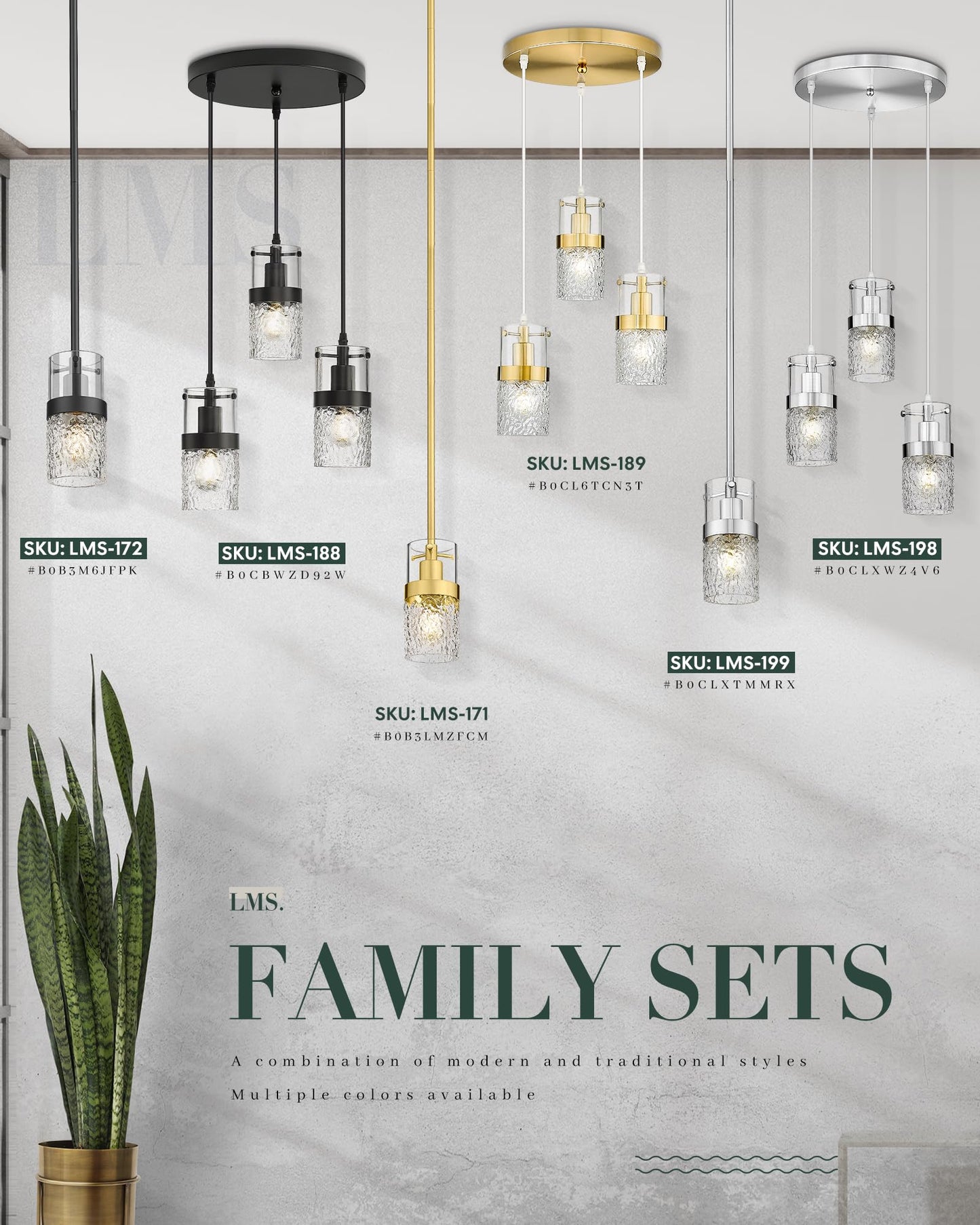 LMS 2-Pack Modern Matte Black Pendant Light, Adjustable Hanging Pendant Lighting with Hammered Glass, Tiltable Pendant Lighting for Kitchen Island, Bathroom, Bedroom, LMS-201