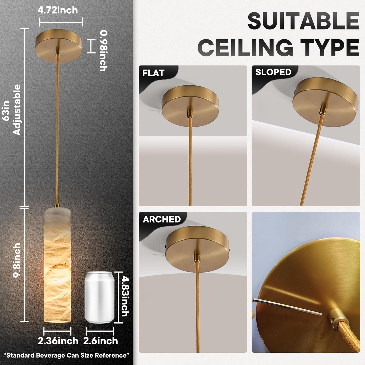 eccuslon Natural Alabaster Pendant Lights for Kitchen Island Alabaster Chandelier Marble Shade Brass Cone Lighting Fixtures White Marble Long Tube for Bedroom Dining Room Living Room 2pack