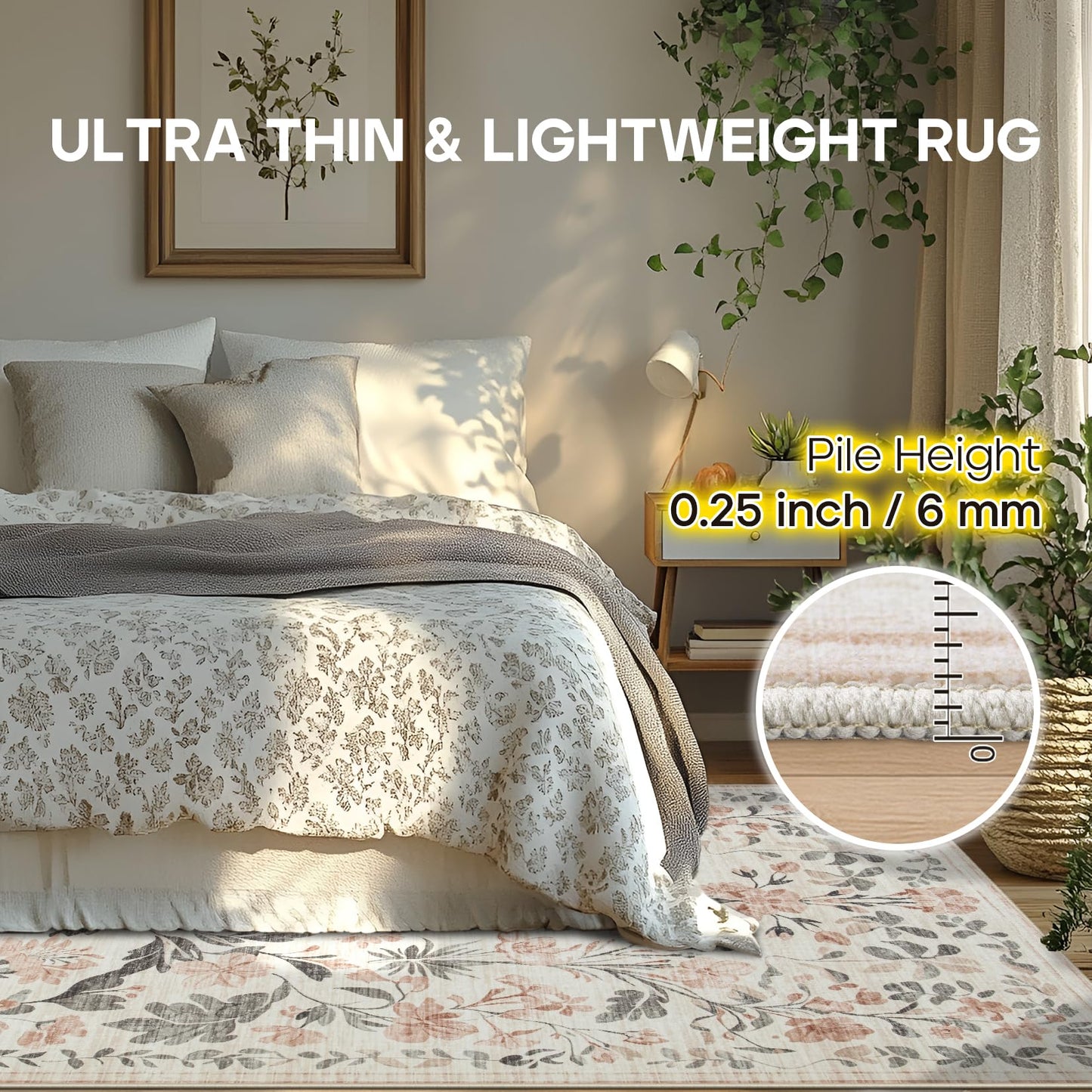 8x10 Area Rugs Washable Rug: Lagre Boho Living Room Rug Soft Anti-Skid Thin Carpet Indoor Floor Non-Shedding Neutral Floral Carpets for Bedroom Dining Room Farmhouse Nursery Pink