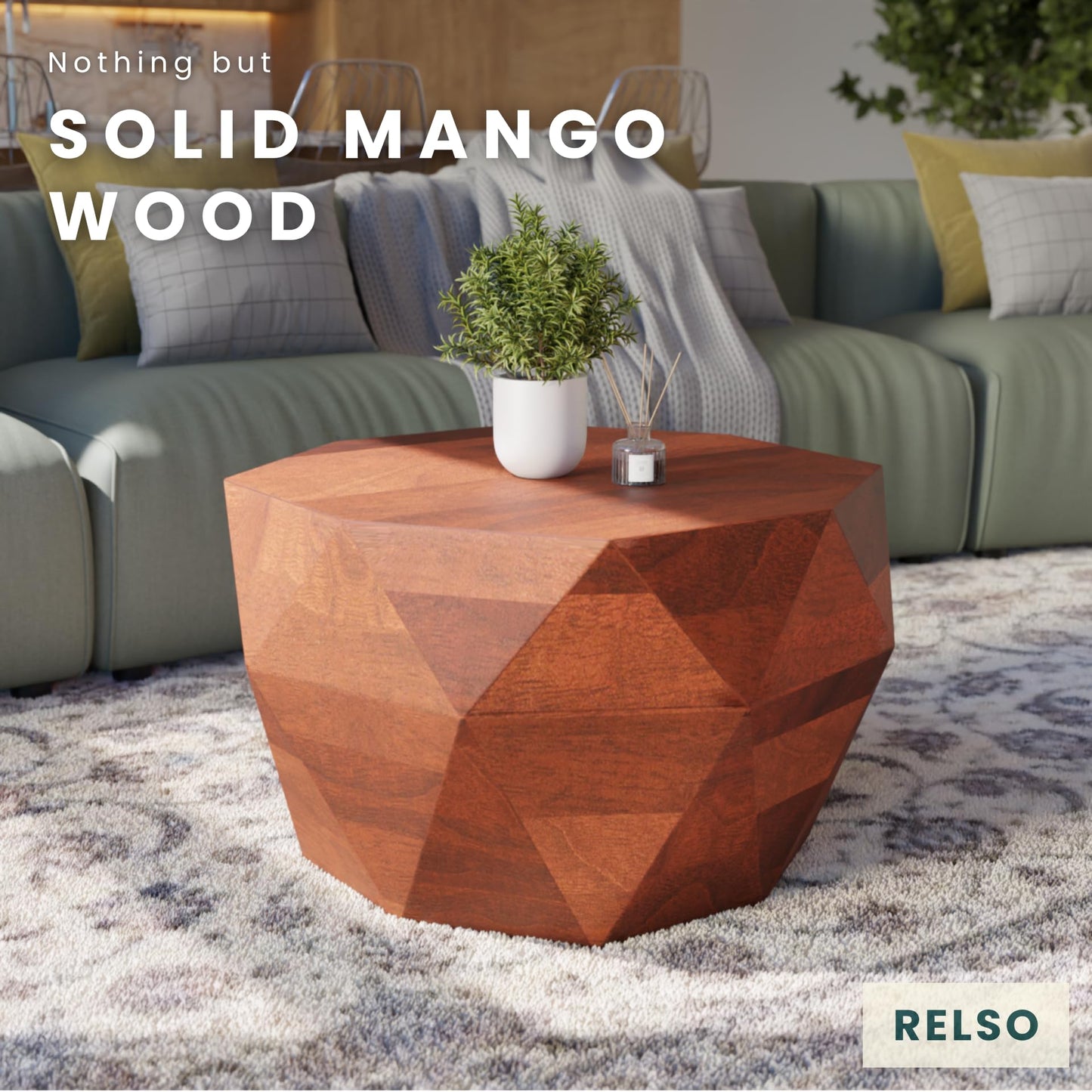 Octavian Coffee Table -Solid Wood Round Drum Center Table for Living Room with Geometric Faceted Design - Walnut Finish Center Table, Modern Decor, Farmhouse Coffee Table - No Assembly Required