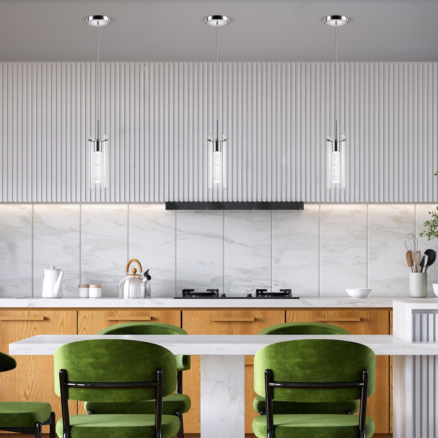 Esfos Pendant Ceiling Light Fixture, LED Kitchen Lighting Crystal Pendant Lights Kitchen Island, 1-Light Integrated Kitchen Hanging Light Fixture Modern Island Light with Bubble Glass Three Pack