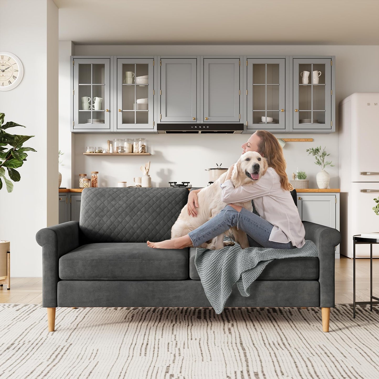 Vesgantti 65" Gray Loveseat, Comfy Mid-Century Modern 2-Seat Sofa, No-Tool Assembly Small Couch for Living Room & Bedroom