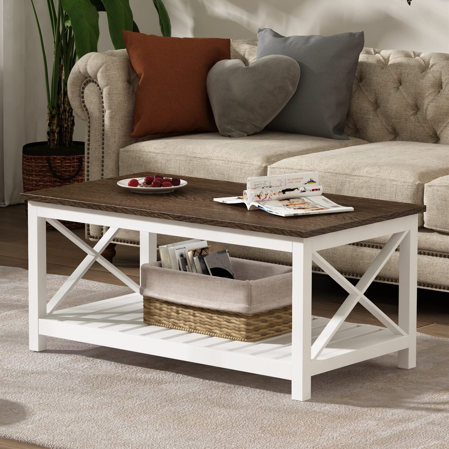 ChooChoo Coffee Table, Rustic Farmhouse Table with Shelf for Living Room, Vintage Finish White