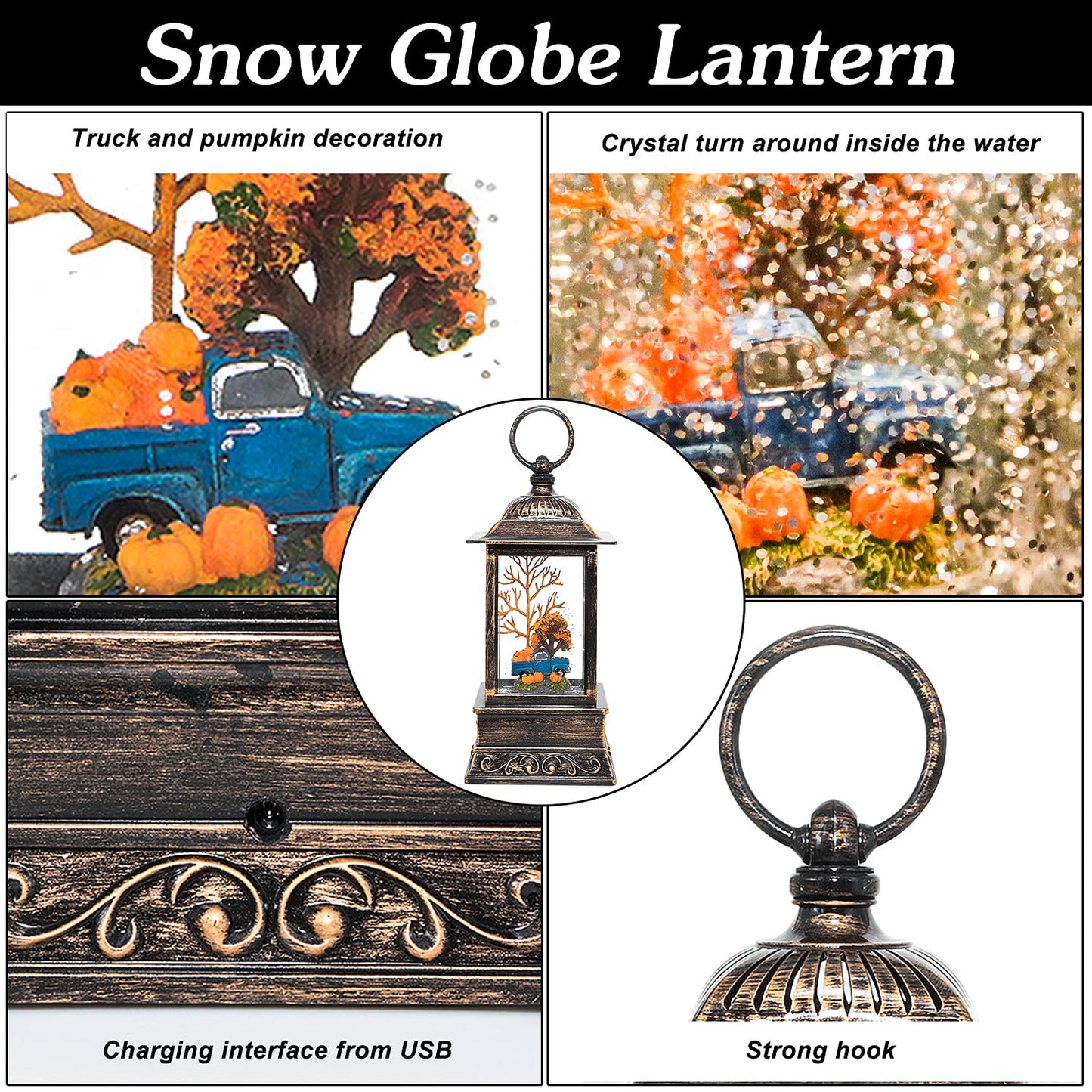 Fall Snow Globe Lantern, Thanksgiving Lighted Lantern, Swirling Glitter Snow Globe for Fall Harvest Day Decorations, Home Fall Decor, Halloween (Truck&Pumpkins)