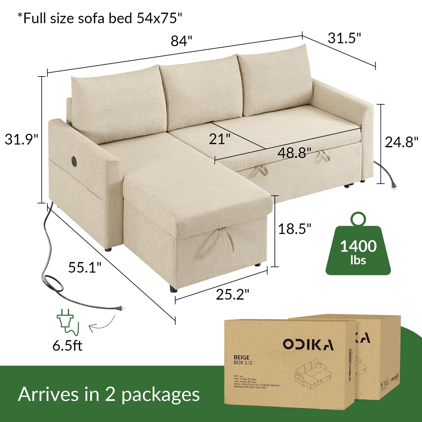 ODIKA L Shaped Convertible Sleeper Sofa Bed, 84" Sectional Couch for Living Room - Dual USB-C Charging, Pull Out Bed, Reversible Chaise with Storage & Pockets, Removable & Washable Beige Linen Covers