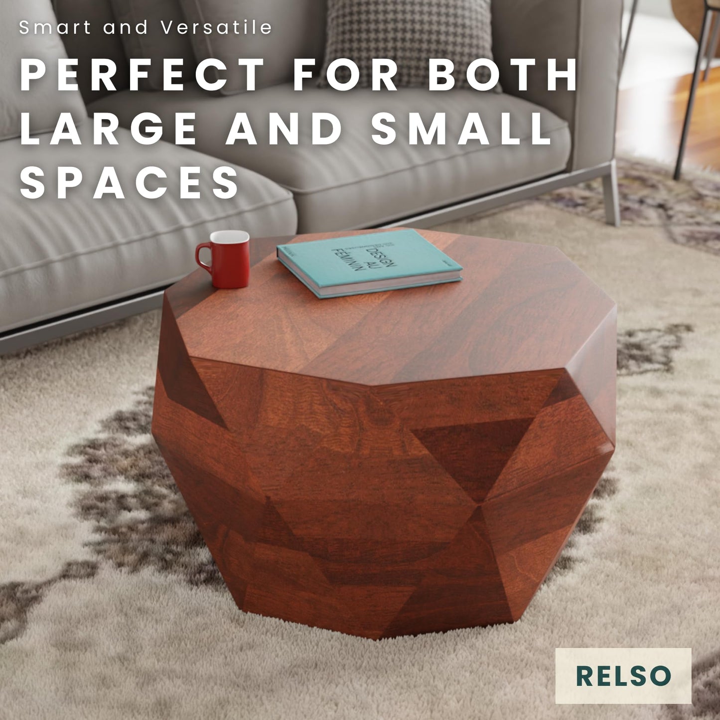 Octavian Coffee Table -Solid Wood Round Drum Center Table for Living Room with Geometric Faceted Design - Walnut Finish Center Table, Modern Decor, Farmhouse Coffee Table - No Assembly Required