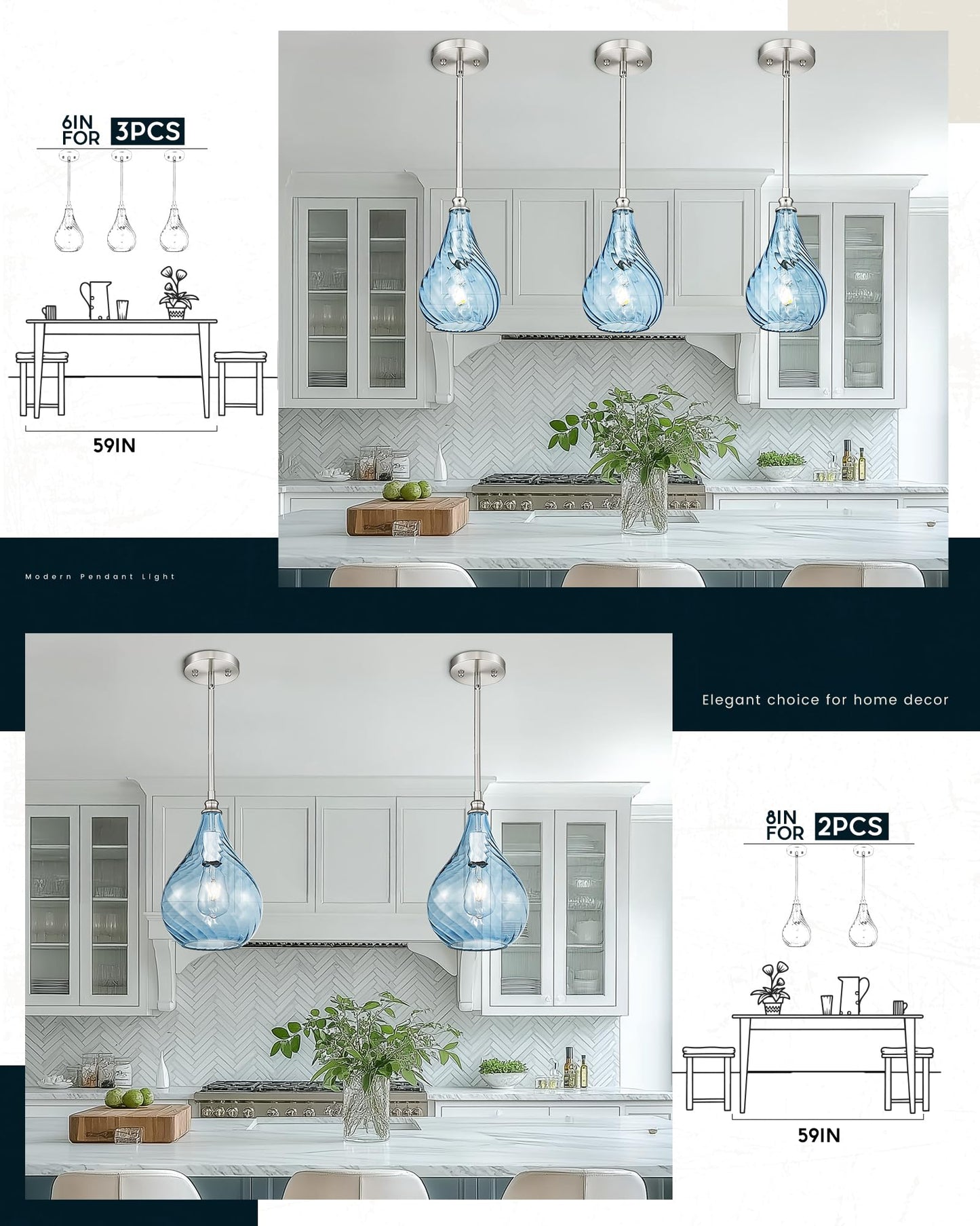 TENGXIN 2 Pack Kitchen Pendant Lighting Over Island 6 Inch,Hanging Pendants Light,Brushed Gold Finished Striped Glass Pendant Light,Farmhouse Pendant Light for Dining Room,Bedroom
