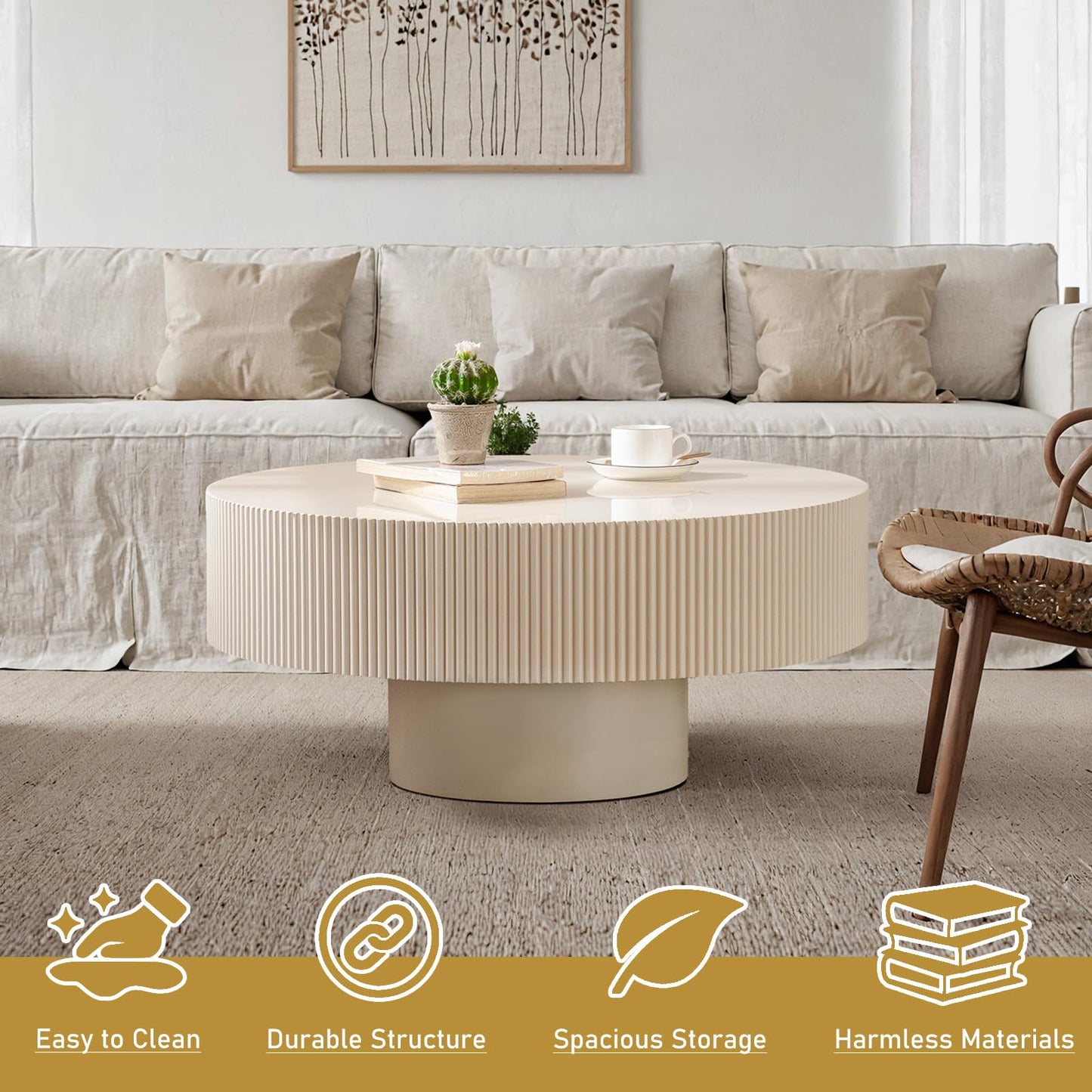 Round Drum Coffee Table 30.91" Handcrafted Fluted Drum Coffee Table Mid Century Accent Tables Modern Luxury Circle Center Table Vintage Farmhouse Center Table for Living Room (White Thick)