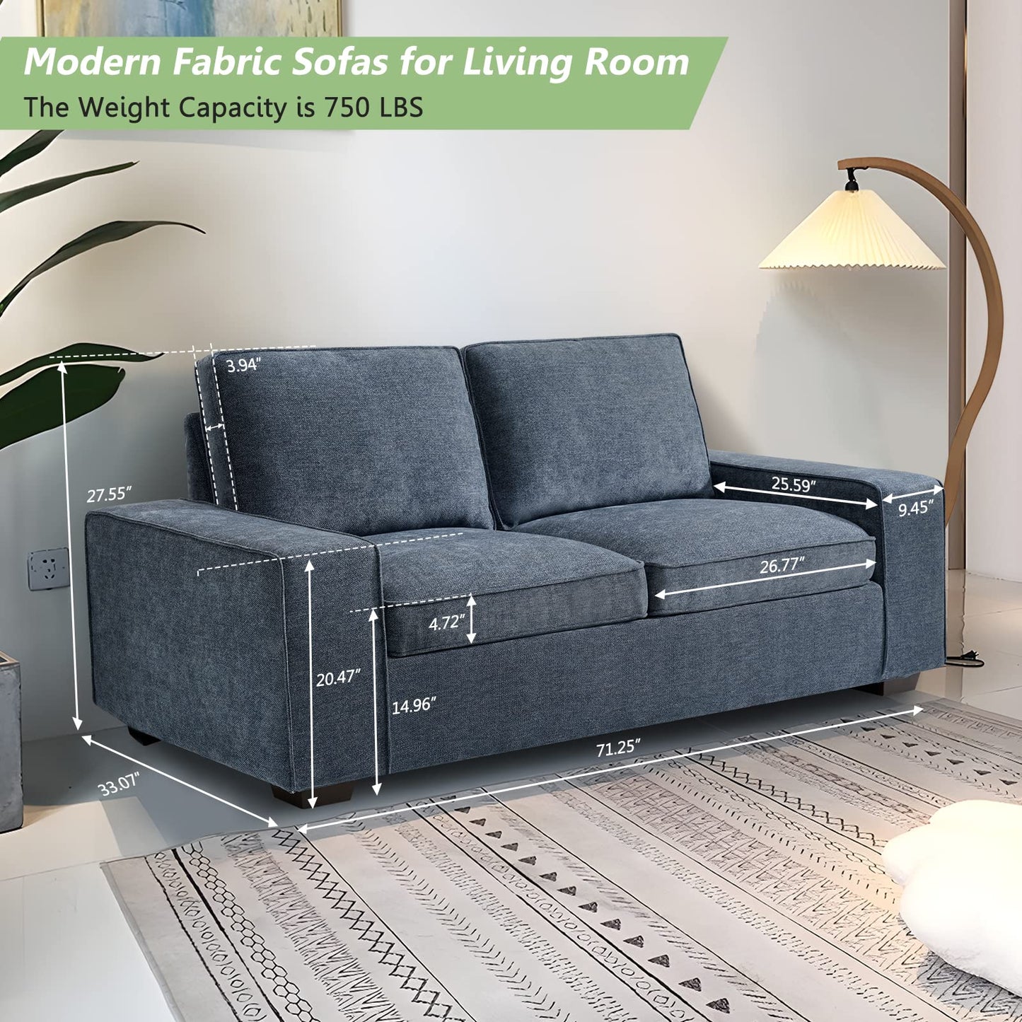 LEISLAND 71.25" Modern Sofas for Living Room, Small Sofas Couches for Small Spaces, Chenille Loveseat Couch with Solid Wood, Metal, Square Arm and Removable Cover/Easy to Install(Blue)