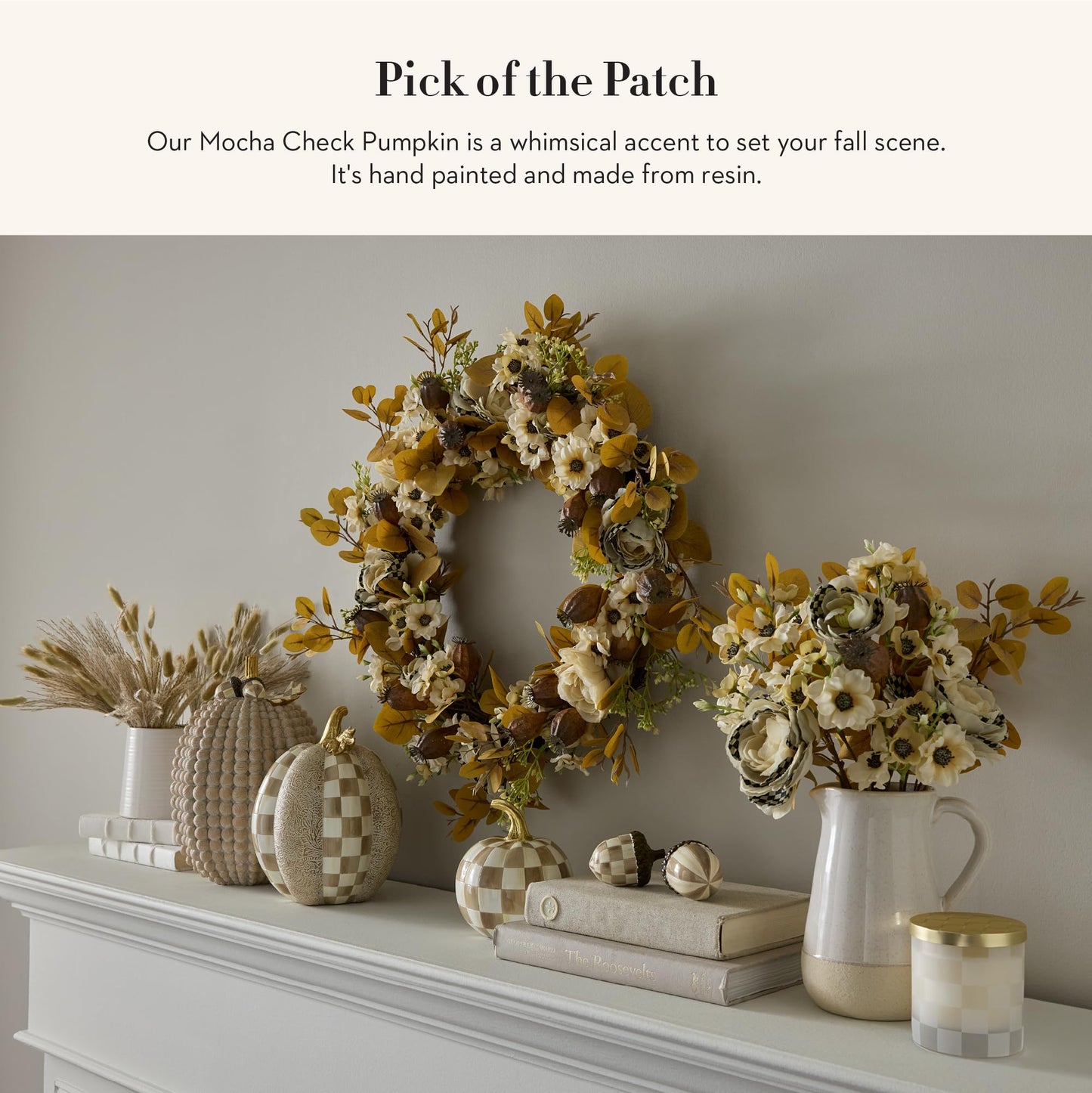 MACKENZIE-CHILDS Mini Pumpkin, Resin Halloween Home Decor, Brown-and-White Mocha Check