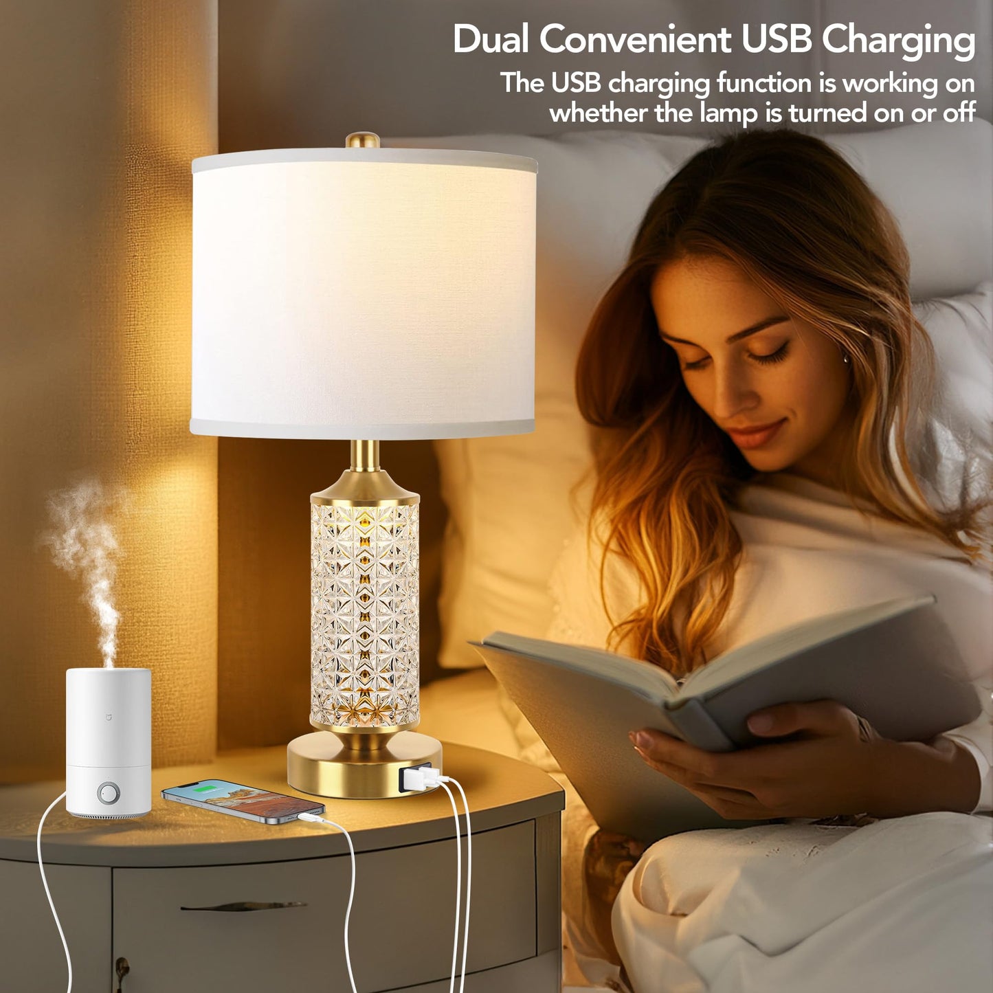 QiMH Set of 2 Table Lamps with USB Ports, Modern Bedside Lamp with LED Night Light for Bedroom, Nightstand Lamps for Living Room Office (Gold)(2 Bulbs Include)