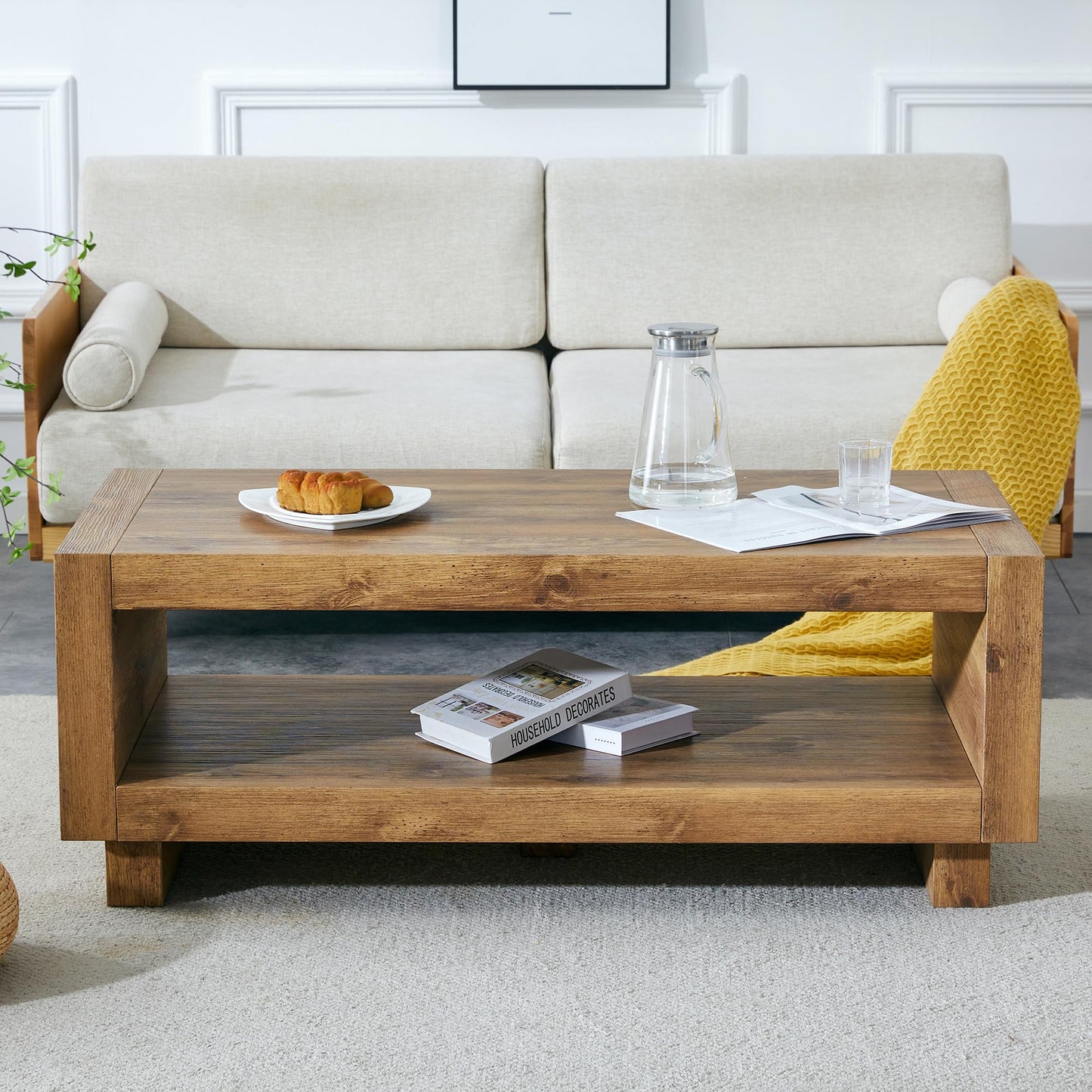 Rectangular Coffee Table with Storage for Living Room,47.2" Rustic Natural Wood Coffee Table with Storage,2-Tier Modern Farmhouse Center Tables, Modern Wood Center Table,Farmhouse Tea Table