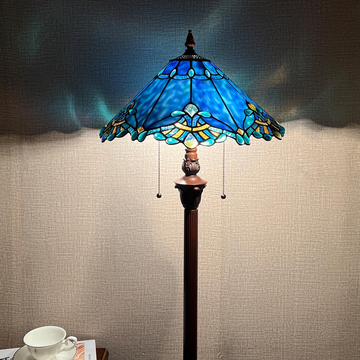 COTOSS Tiffany Floor Lamp for Living Room,Blue Stained Glass Lamp Shade,Antique Style Tall Standing Floor Light for Reading