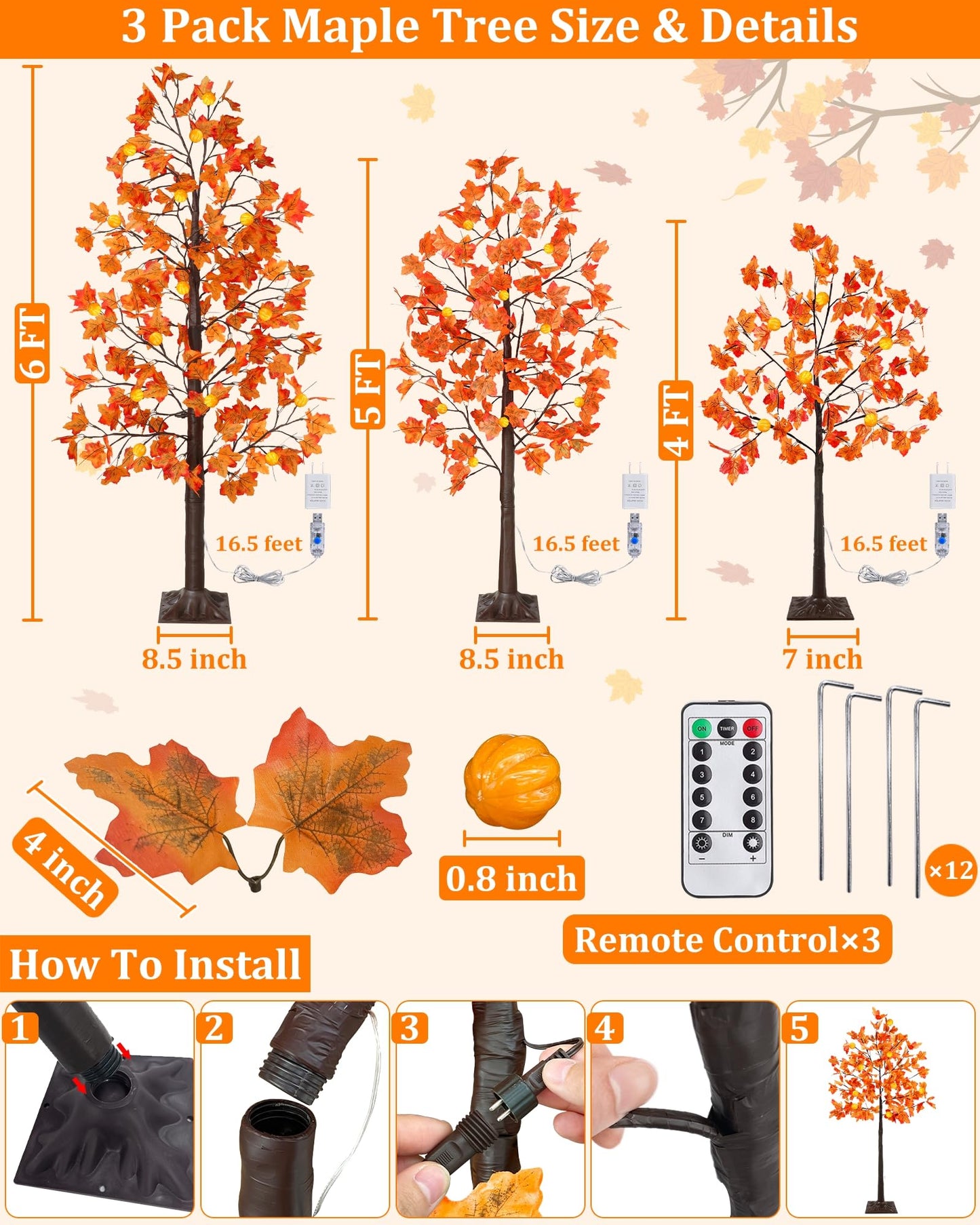 8 Modes & Remote - 3 Pack Lighted Fall Tree (4FT, 5FT, 6FT) with 240 Warm White LED Lights, Timer/USB Plug, Fall Decorations for Home Maples Tree for Autumn Thanksgiving Decor Party Indoor Outdoor