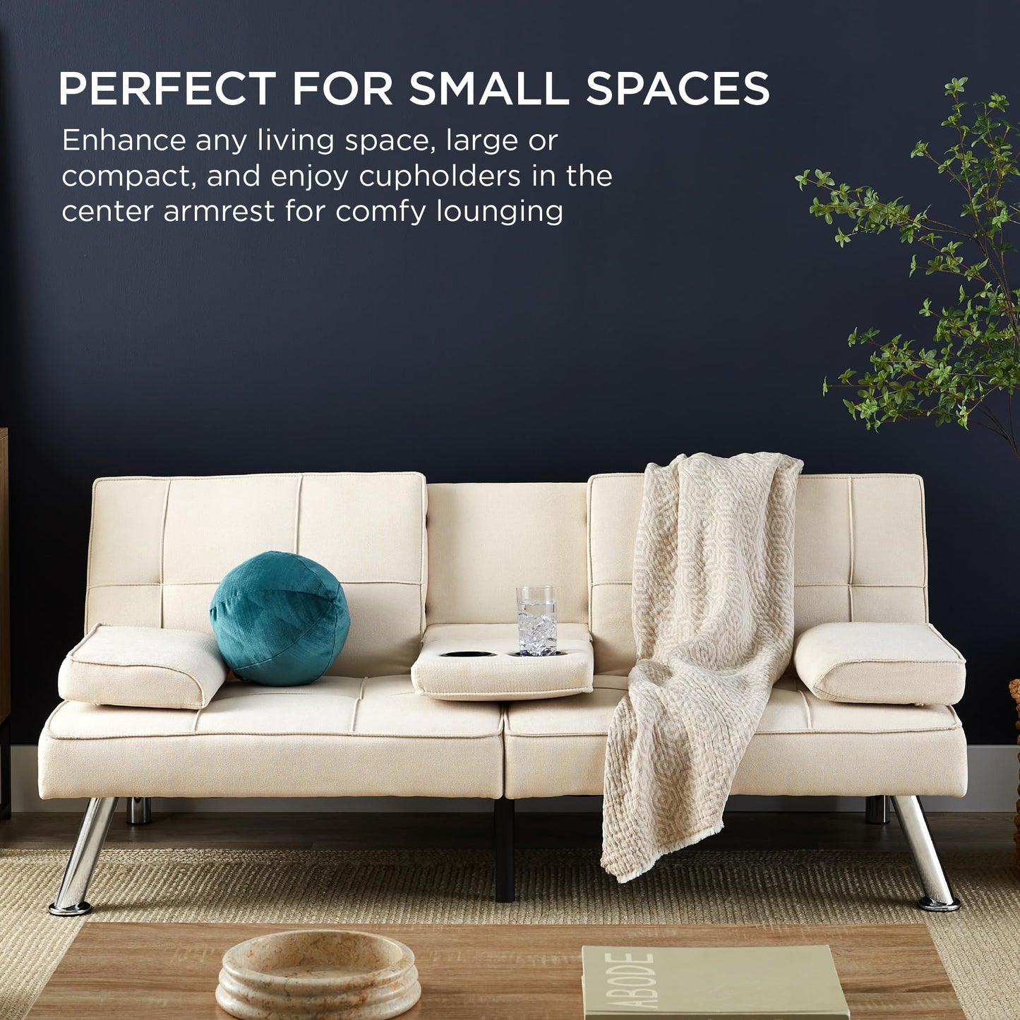 Best Choice Products Linen Modern Folding Futon, Reclining Sofa Bed for Apartment, Dorm w/Removable Armrests, 2 Cupholders - Ivory