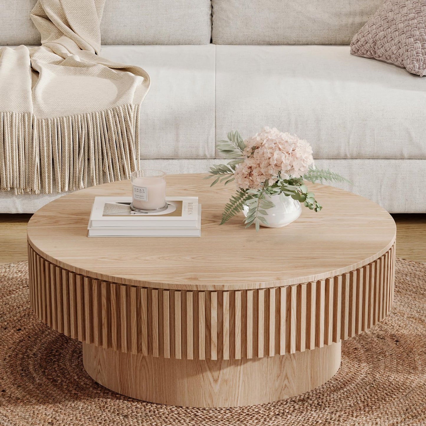 BSYEIO 31.5''Round Coffee Table with Storage, Modern Luxury Circle Drum Center Tables with Solid Wood Veneered, Accent Side Coffee Table for Living Room, Bedroom, Apartment-Natural