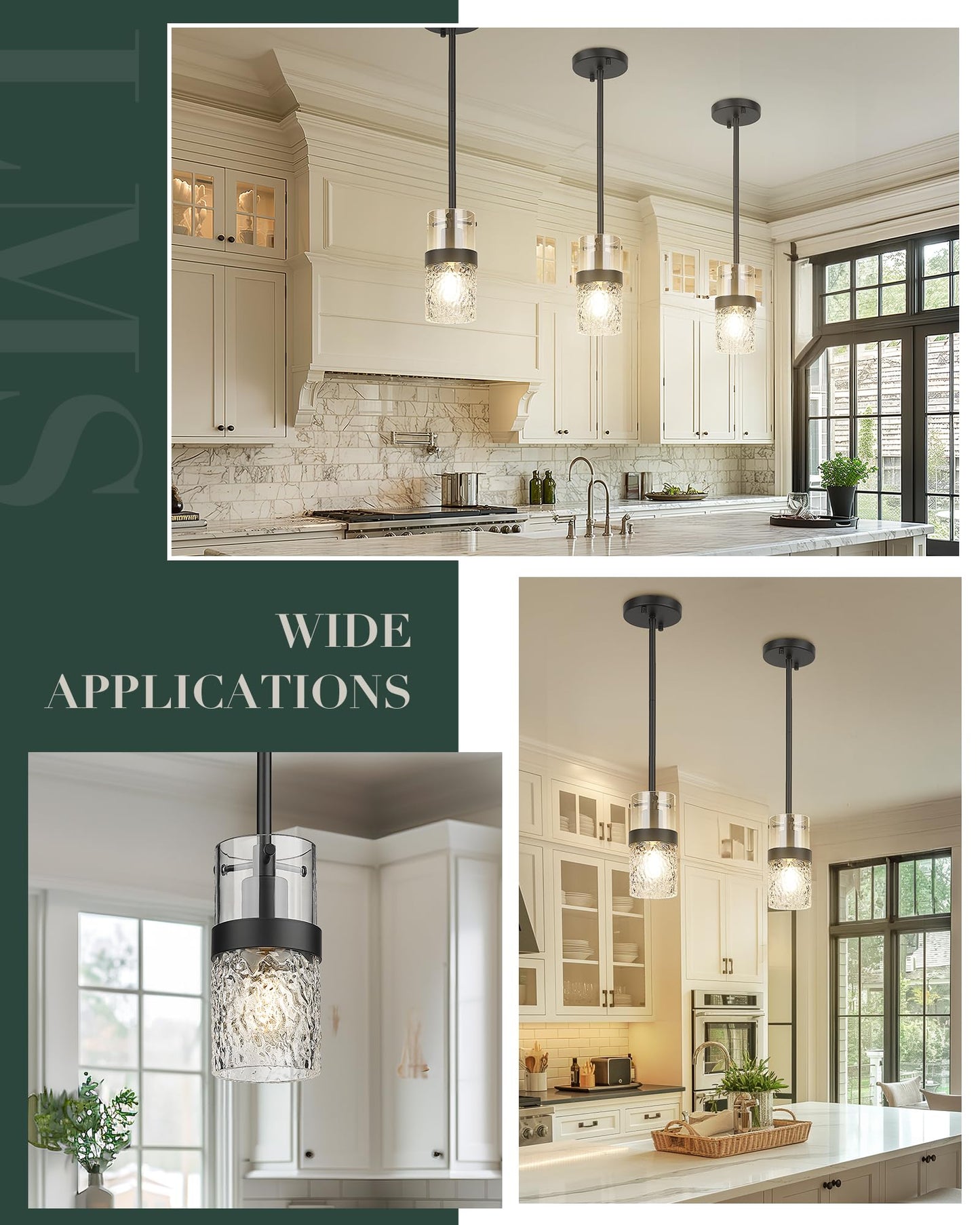 LMS 2-Pack Modern Matte Black Pendant Light, Adjustable Hanging Pendant Lighting with Hammered Glass, Tiltable Pendant Lighting for Kitchen Island, Bathroom, Bedroom, LMS-201