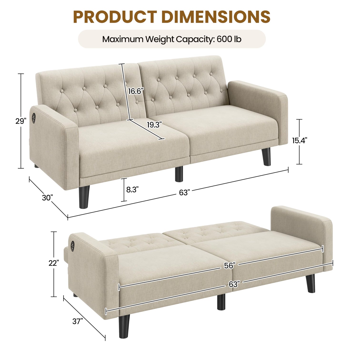 Yaheetech 63” Convertible Couch Sofa Bed with 2 USB, Reclining Futon Sleeper with Adjustable Backrest & Removable Armrests, Mid Century Modern Loveseat for Living Room, Apartment, Office Beige