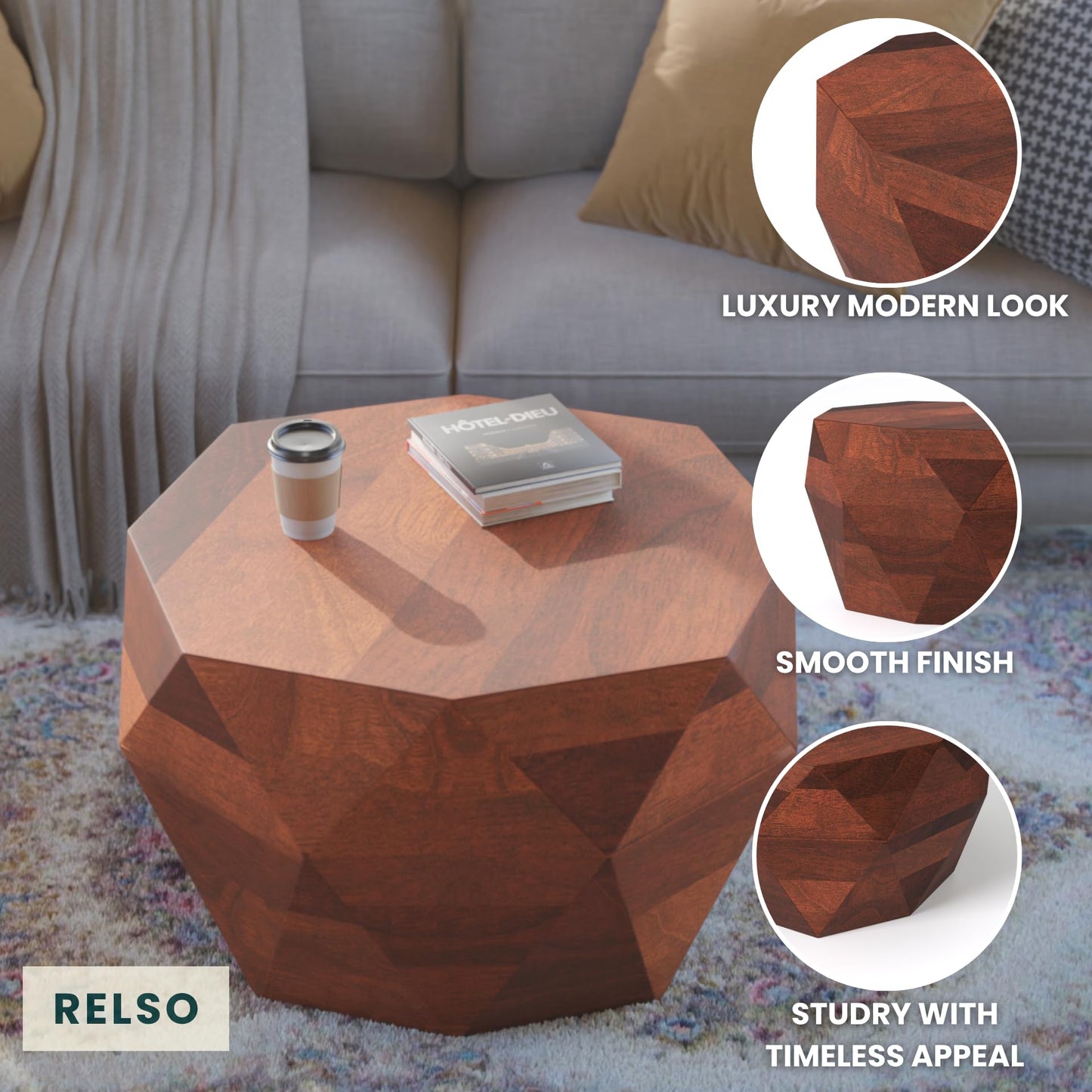 Octavian Coffee Table -Solid Wood Round Drum Center Table for Living Room with Geometric Faceted Design - Walnut Finish Center Table, Modern Decor, Farmhouse Coffee Table - No Assembly Required