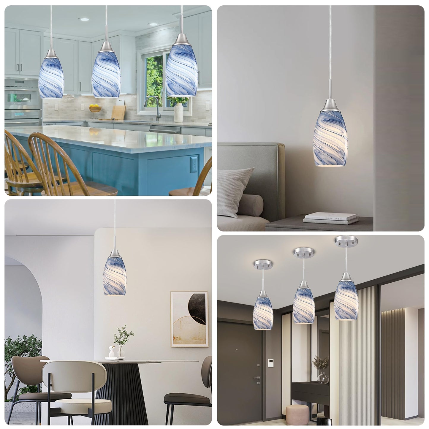 Viinew Glass Pendant Light with Handblown Dark Blue Marble Art Glass Shade Ceiling Light 3-Pack Mini Hanging Pendant Light for Kitchen Island,Dining Room,Living,Foyer,Hallway