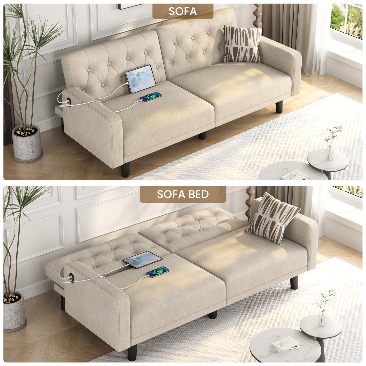 Yaheetech 63” Convertible Couch Sofa Bed with 2 USB, Reclining Futon Sleeper with Adjustable Backrest & Removable Armrests, Mid Century Modern Loveseat for Living Room, Apartment, Office Beige