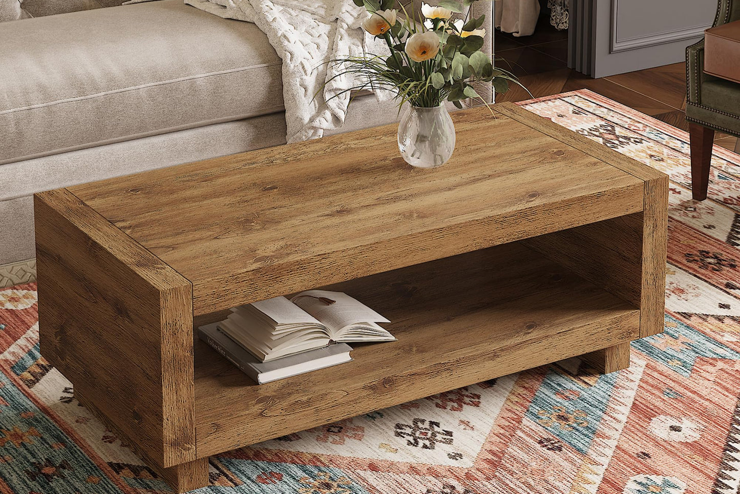 Rectangular Coffee Table with Storage for Living Room,47.2" Rustic Natural Wood Coffee Table with Storage,2-Tier Modern Farmhouse Center Tables, Modern Wood Center Table,Farmhouse Tea Table