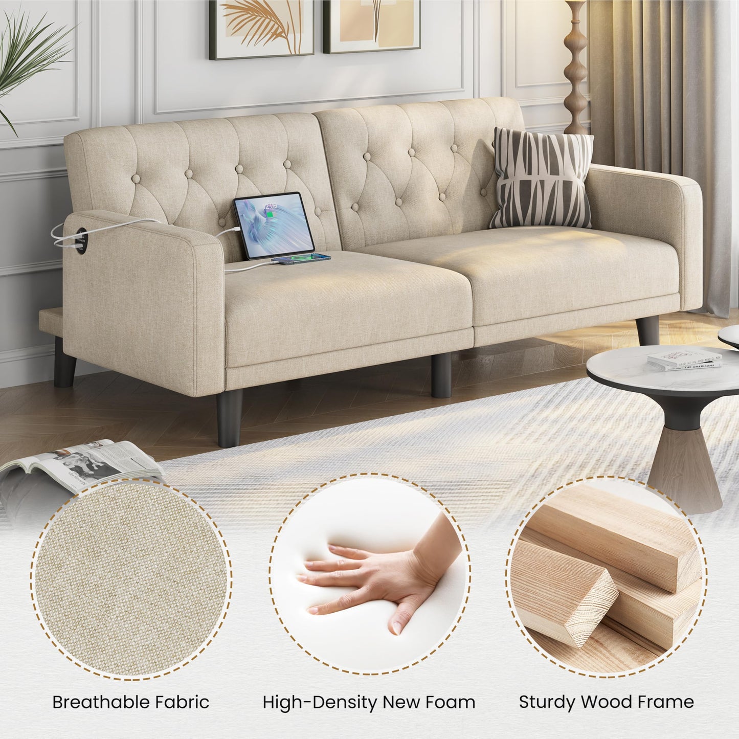 Yaheetech 63” Convertible Couch Sofa Bed with 2 USB, Reclining Futon Sleeper with Adjustable Backrest & Removable Armrests, Mid Century Modern Loveseat for Living Room, Apartment, Office Beige