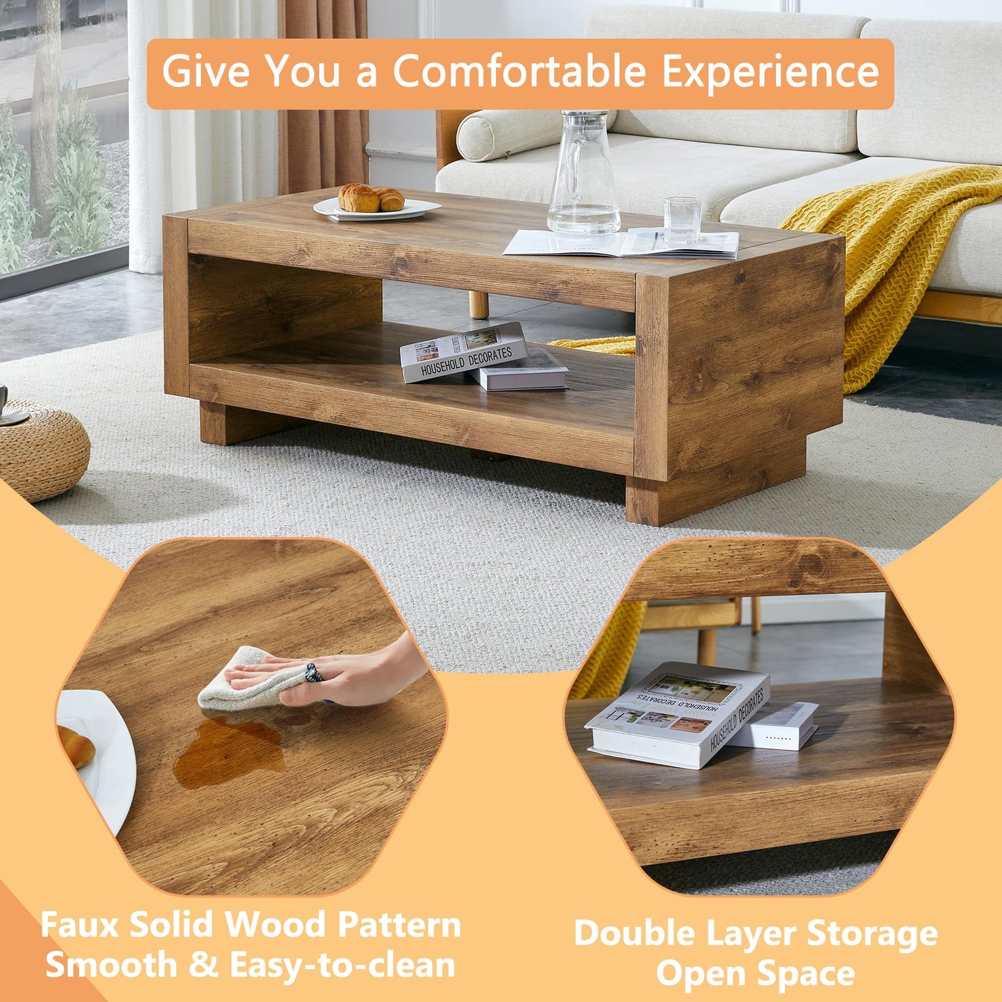 Rectangular Coffee Table with Storage for Living Room,47.2" Rustic Natural Wood Coffee Table with Storage,2-Tier Modern Farmhouse Center Tables, Modern Wood Center Table,Farmhouse Tea Table