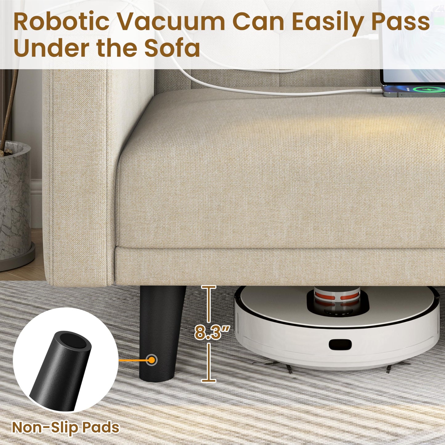 Yaheetech 63” Convertible Couch Sofa Bed with 2 USB, Reclining Futon Sleeper with Adjustable Backrest & Removable Armrests, Mid Century Modern Loveseat for Living Room, Apartment, Office Beige