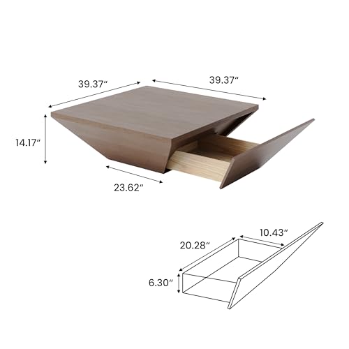 POVISON Modern Coffee Tables for Living Room, Square Coffee Table with Storage, Wood Coffee Table with Drawers, 39.4" Walnut Trapezoidal Living Room Tables for Home Office, Fully Assembled