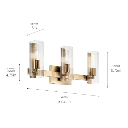 KICHLER Jemsa 3 Light Vanity, Modern Light with Clear Fluted Glass in Champagne Bronze for Bathroom or Powder Room (9.75" x 22.75"), 55168CPZ