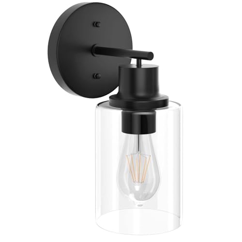 GORDNWE 1-Light Bathroom Wall Sconce, Matte Black Vanity Light, Modern Wall Light Fixture with Clear Glass Shade and E26 Bulb Base, Wall Lamp Wall Mount Light Fixtures for Mirror, Bedroom, Hallway