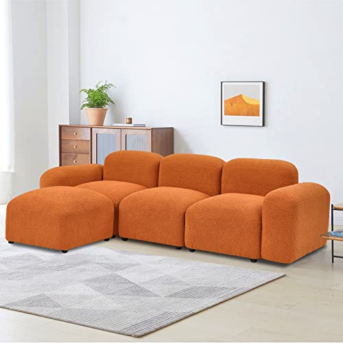 GNIXUU Modular Sectional Sofa, 94.5" Convertible L-Shaped Couch for Living Room, Modern Minimalist Teddy Sherpa Cloud Couches with 2 Comfy Pillows, Orange