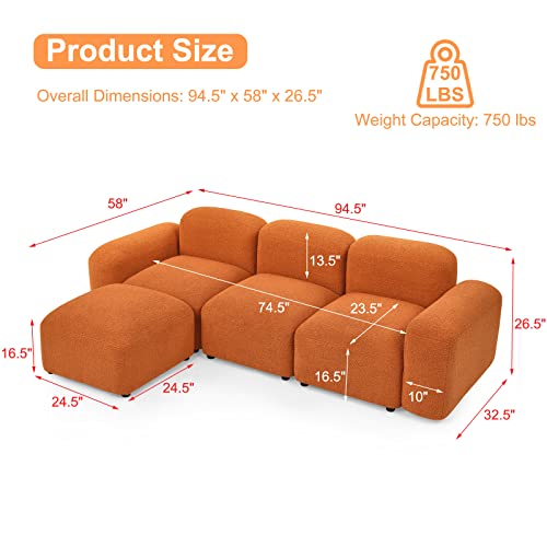 GNIXUU Modular Sectional Sofa, 94.5" Convertible L-Shaped Couch for Living Room, Modern Minimalist Teddy Sherpa Cloud Couches with 2 Comfy Pillows, Orange