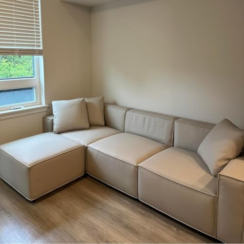 Acanva Luxury Modular Sectional Living Room Sofa Set, Modern Minimalist Style Couch with Ottoman and Chaise, L-Shape, Cream