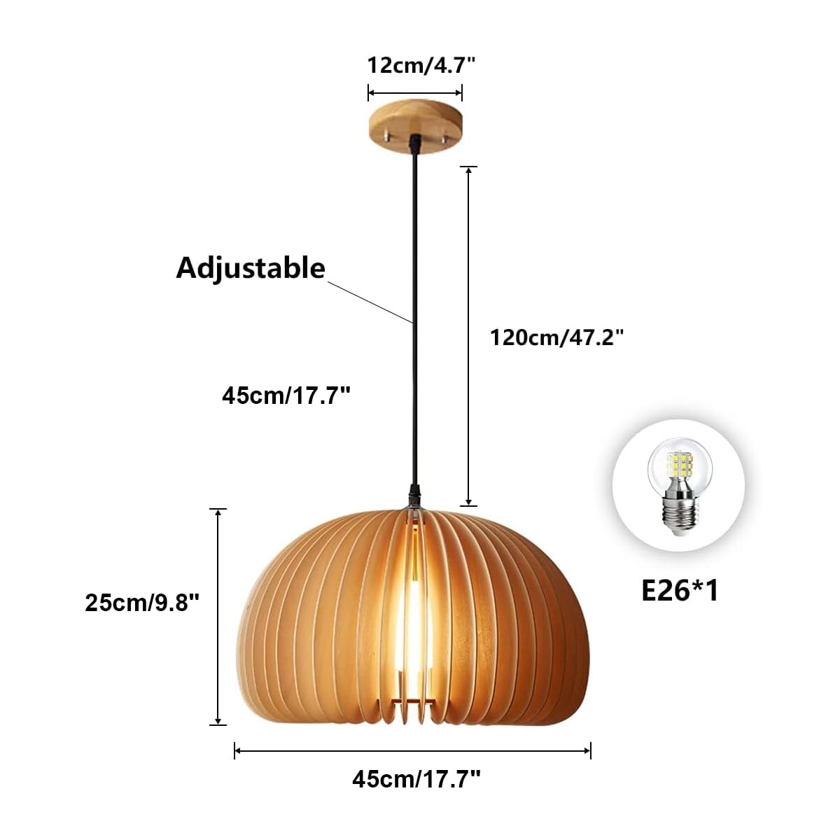 Flyrose Industrial Farmhouse Wood Pendant Lights Kitchen Island Boho Rattan Chandelier Japanese Pendant Lighting Large Dome Pendant Light Retro Dining Room Light Fixture