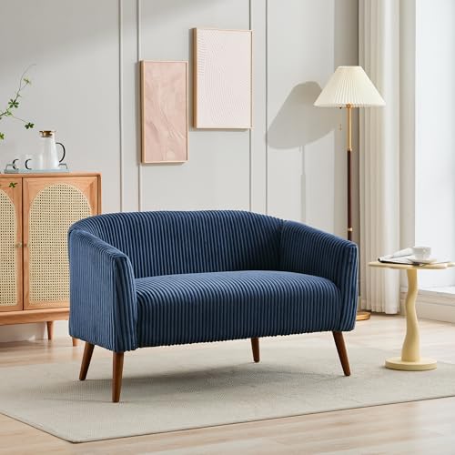 YINFITIN 50.8" Minimalist Modern Sofa Couch, Corduroy 2-Seat Upholstered Sofa, Comfy Loveseat with Curved Armrest&Solid Wood Legs for Apartment Bedroom Small Space Office Studio, Navy