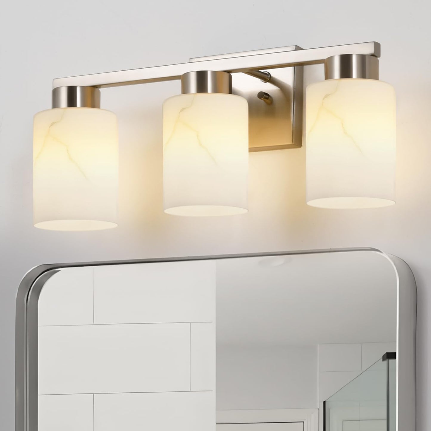 Mieloxiy 3-Light Bathroom Light Fixtures, Modern Vanity Lights, Brushed Nickel Metal Wall Lamp with White Marble Glass for Bathroom, Mirror, Living Room, Bedroom, Cabinet, Porch, Hallway, E26 Base