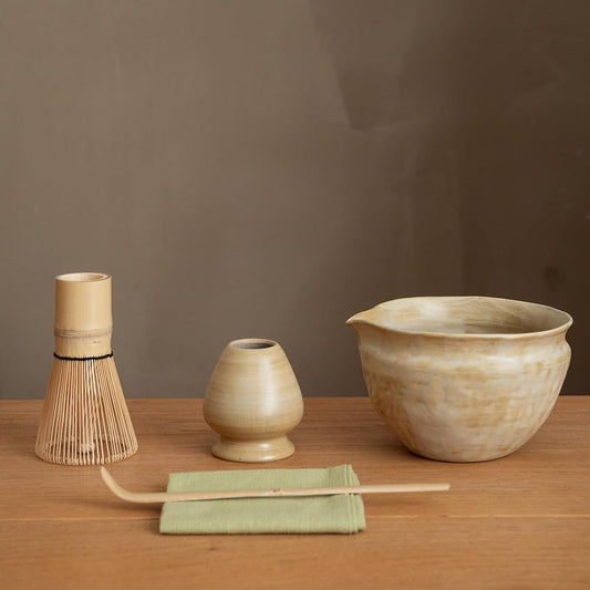 WUSEI 6-pcs Japanese Matcha Whisk Set with Handmade Wabi-Sabi Ceramic Bowl(Chawan),Bamboo Chasen, Whisk Holder, Scoop, Sifter & Tea Towel,Matcha Ceremony Kit,(Sandstone Reactive Glaze)