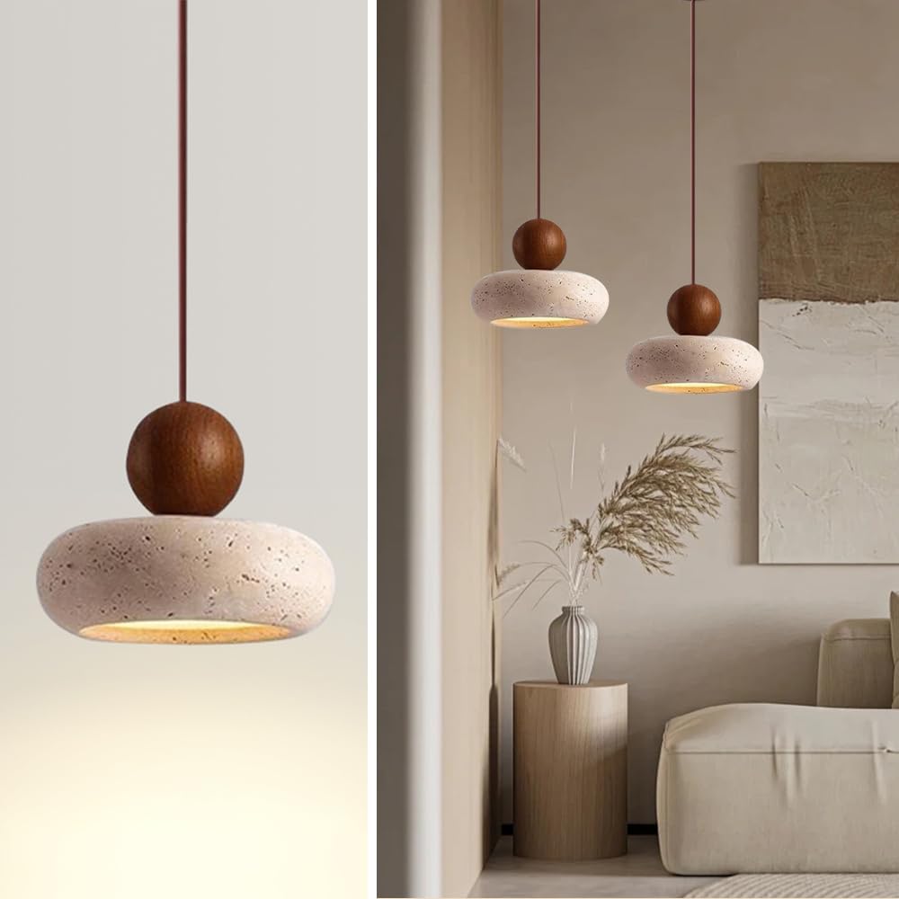 WOSBO Wabi Sabi Pendant Light, 5.9" Natural Yellow Travertine Pendant Light with Round Stone Shade and Wooden Globe, Retro Mini Pendant Lighting Perfect for Bedroom Bedside Light Living Room Kitchen